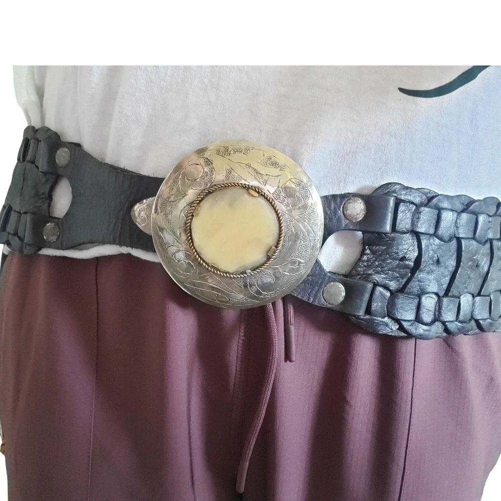 Vintage Boho‎ Black Woven Leather Wide Statement Belt Ornate Silver Stone Buckle